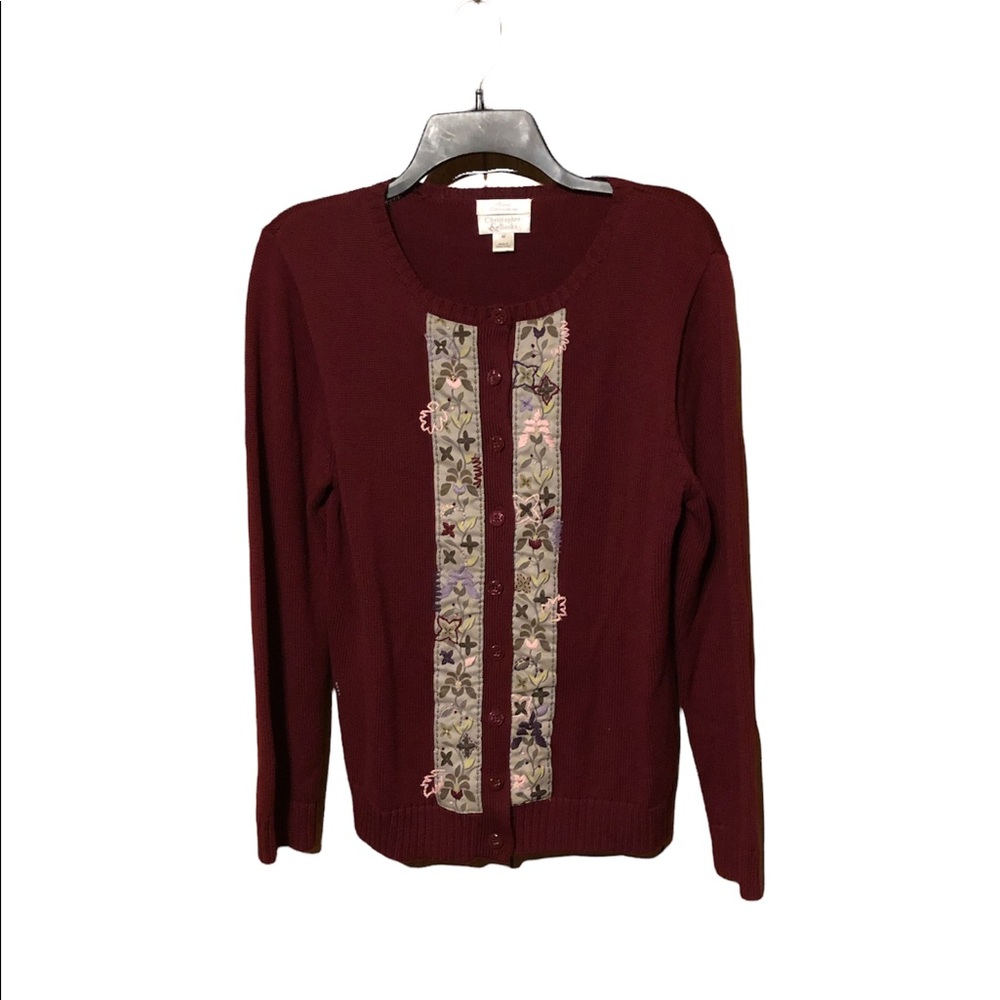 Burgundy Red Sz M Hand Embroidered Cardigan Sweater by Christopher & Banks